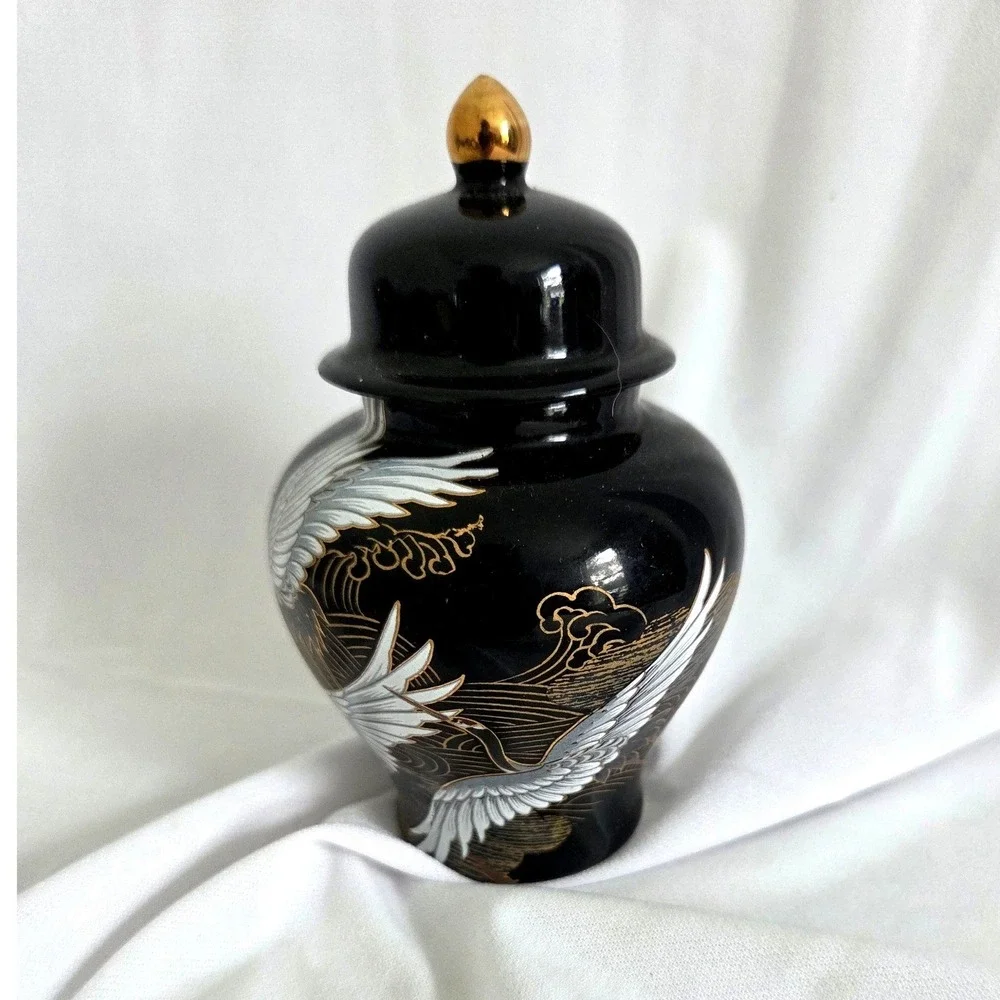Shibata Japan Black Porcelain Jar White Cranes Gold Accents 5 Inch